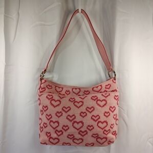 SOLD!Vtg Liz Claiborne Pink Heart Print Crochet Fabric Purse Shoulder Bag